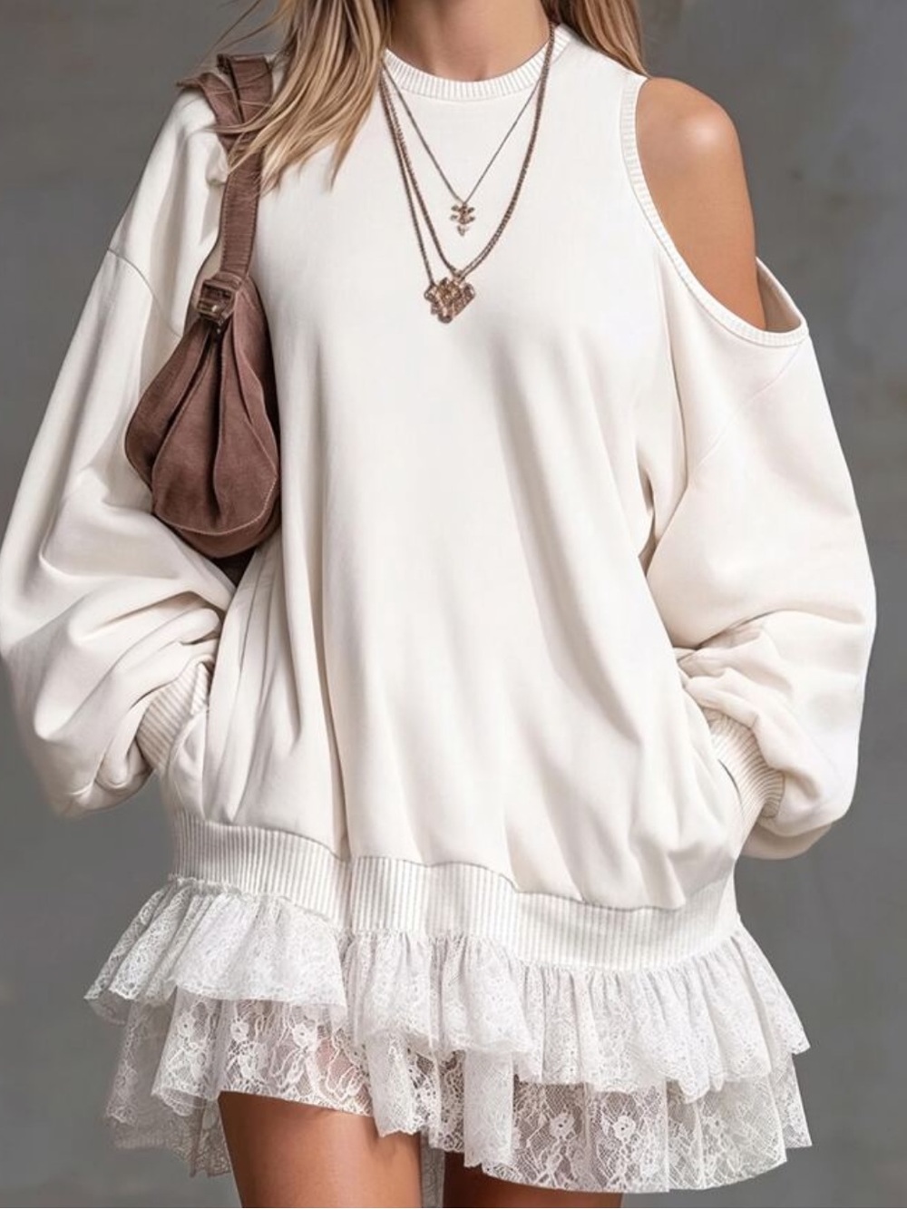 Women's Solid Color Off-Shoulder Long Sleeve Contrast Lace Ruffle Hem Swea